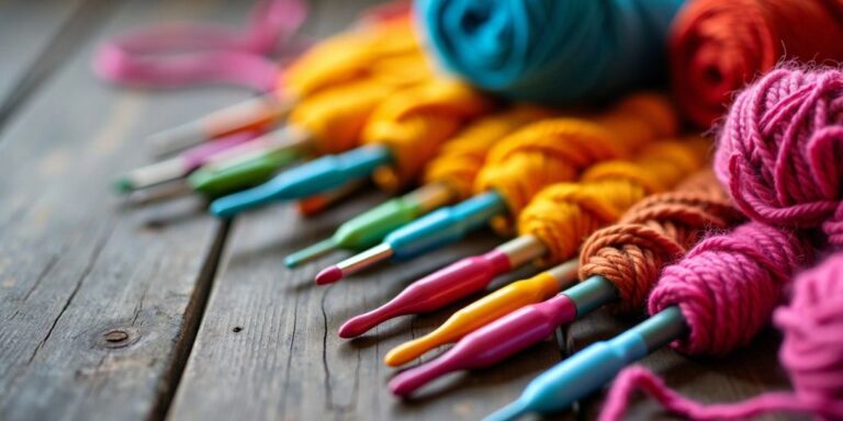 Colorful crochet hooks and yarns on a wooden table.
