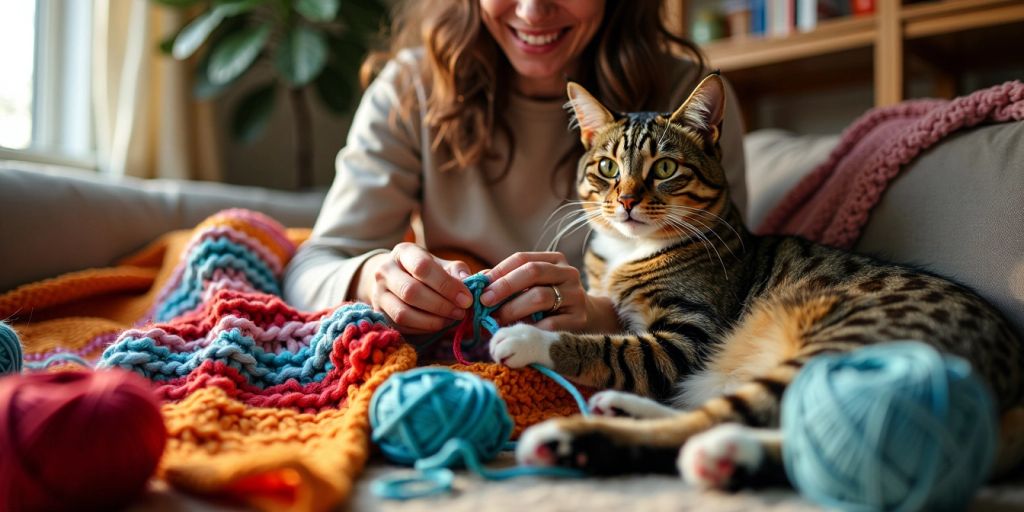 Person crocheting with yarn and a cat