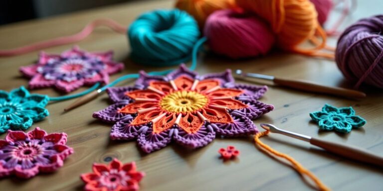 Person crocheting with colorful yarns