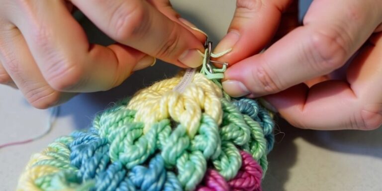 Hands sewing zipper onto crochet pouch