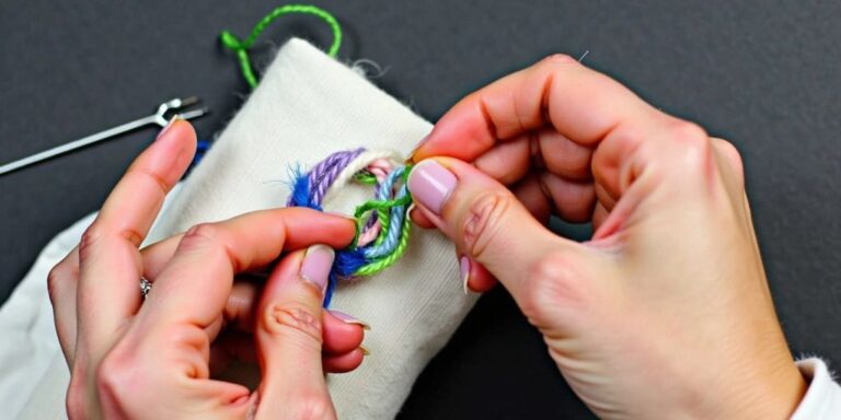 Hands demonstrating back stitching with yarn.