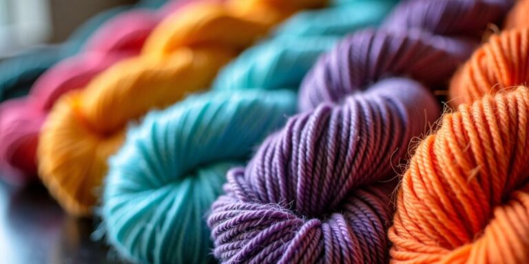 Colorful yarn skeins in a neat row
