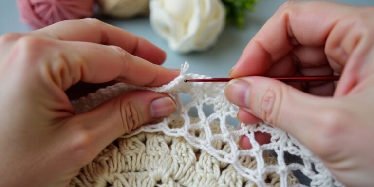 Hands attaching lace to crochet with needle and thread.
