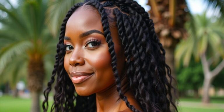 Woman with crochet braids in outdoor setting