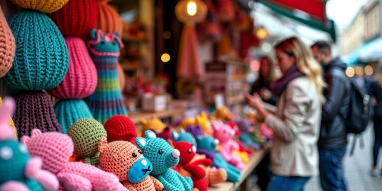 Colorful crochet items at a market stall