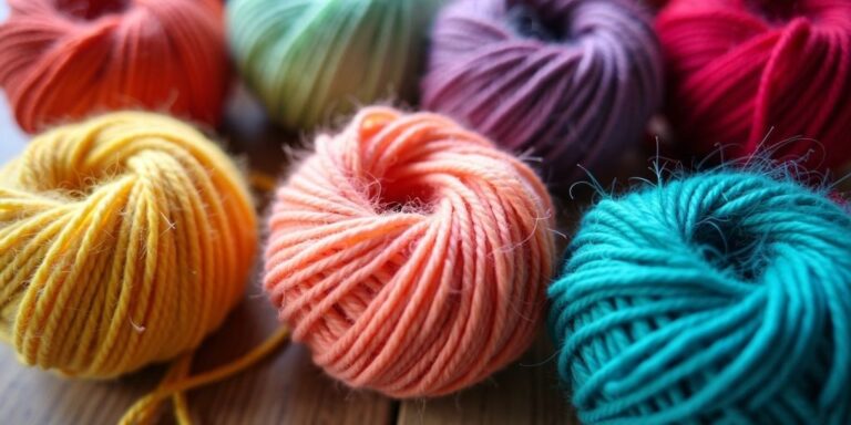 Colorful yarn balls arranged on wooden surface
