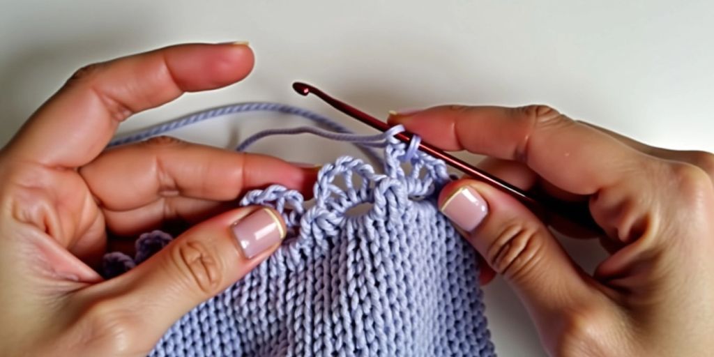 Hands crocheting a picot border