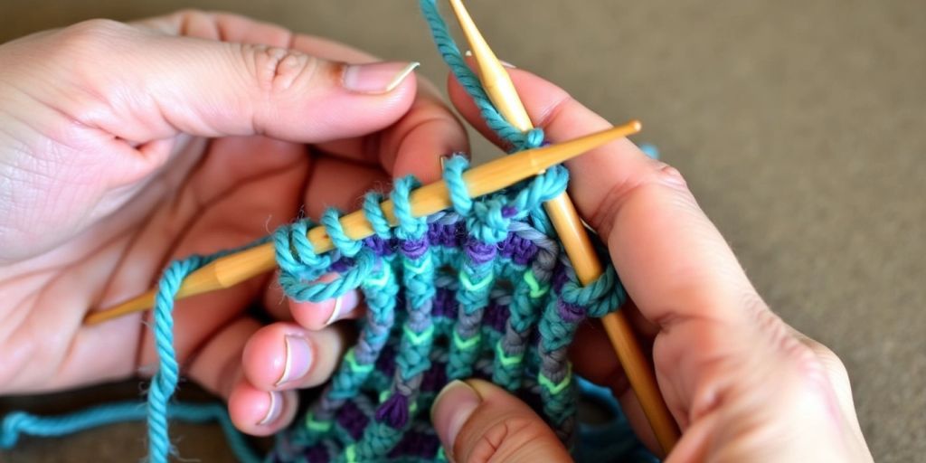 Hands knitting with colorful yarn and needles