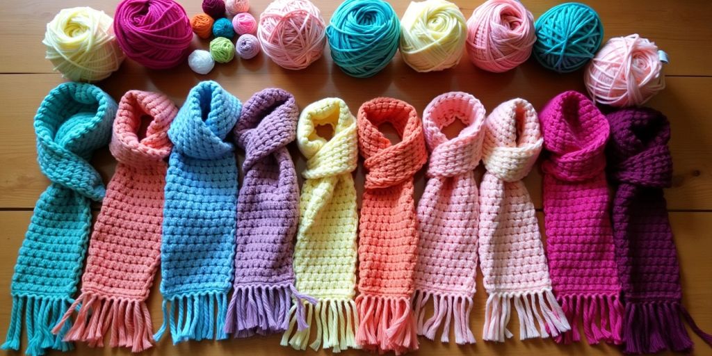 Colorful crochet items on a wooden table.