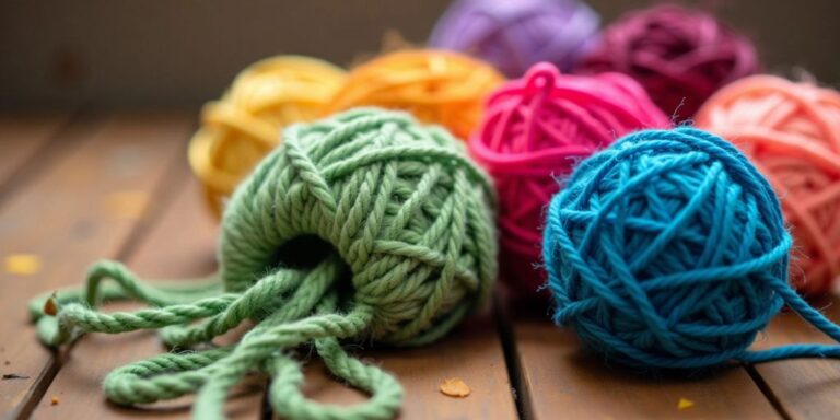 Colorful yarn balls and a handmade loofah