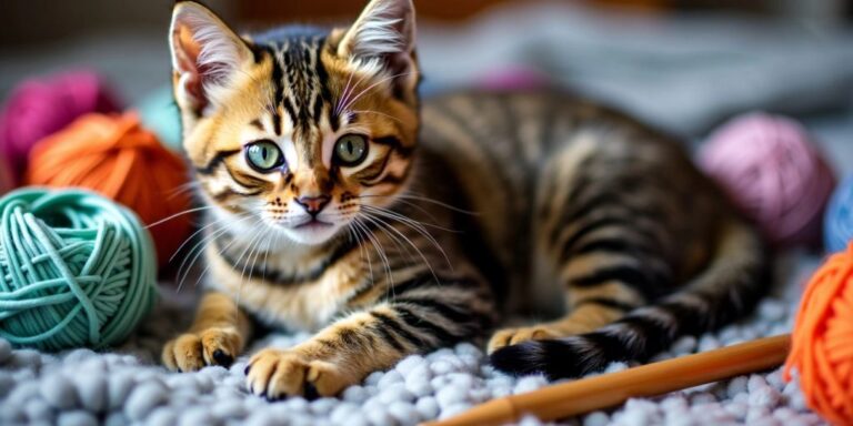 Cat with yarn balls and crochet hook.