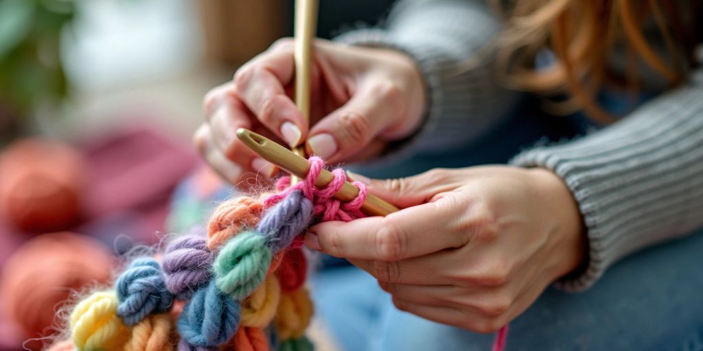Hands crocheting a colorful scarf