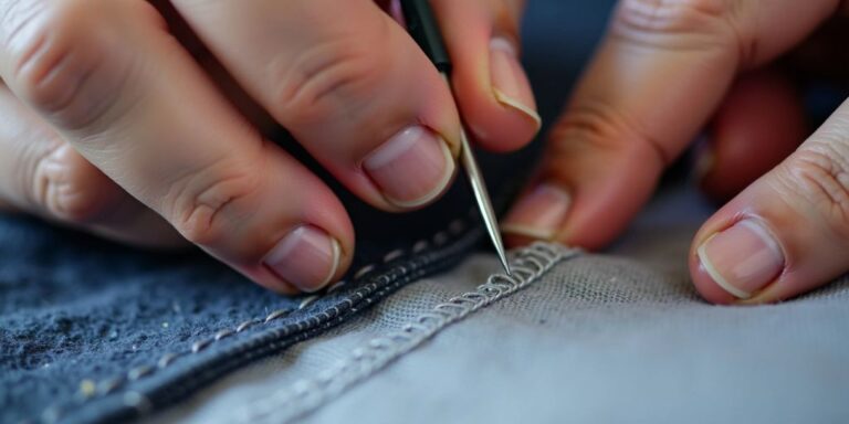 Person sewing fabric with needle and thread