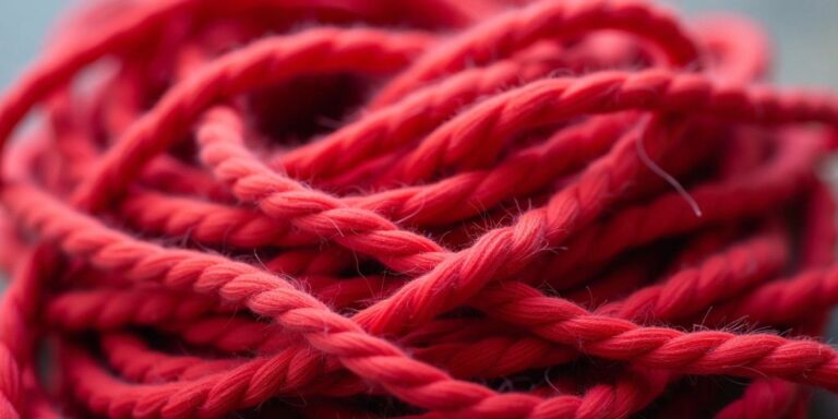 Close-up of intertwined red yarn strands.