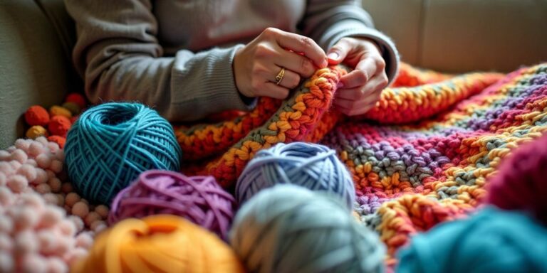 Person crocheting on a couch with colorful yarn.