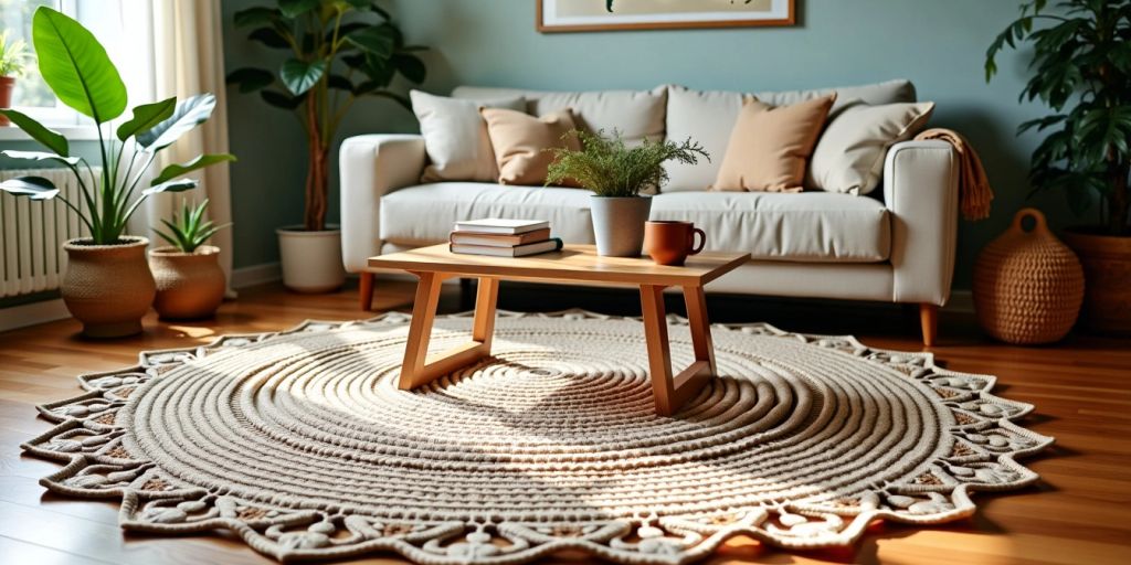 Handmade crochet area rug in a cozy living room.