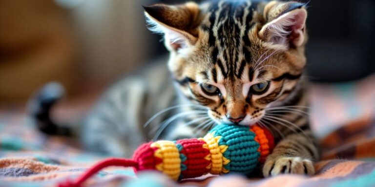 Cat playing with crocheted toy