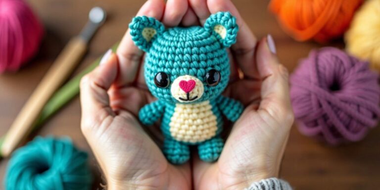 Hand holding a crochet animal with yarn and hooks.