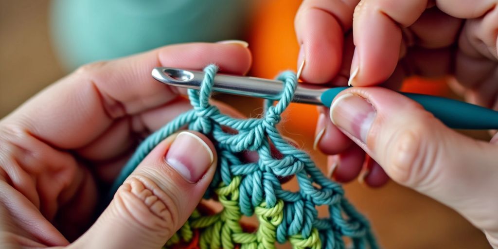 Hands crocheting with colorful yarn and hook.