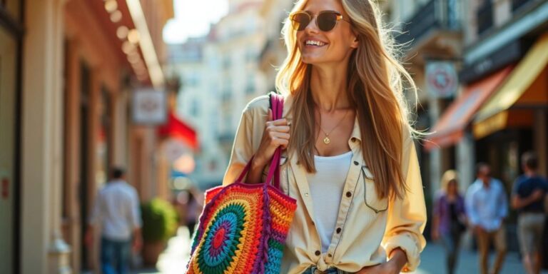 Woman with crochet bag on city street