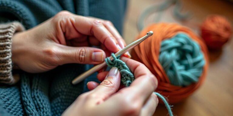 Hands crocheting with colorful yarn and hook.