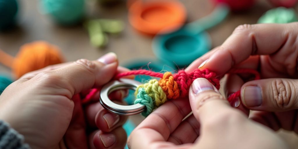 Hands crocheting yarn into a keyring.