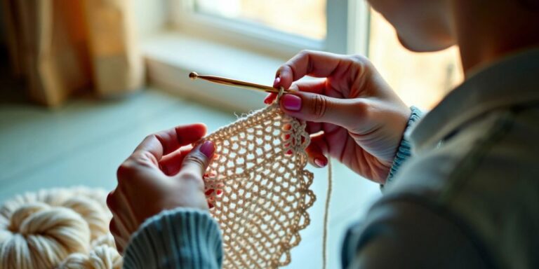 Hands crocheting a filet pattern