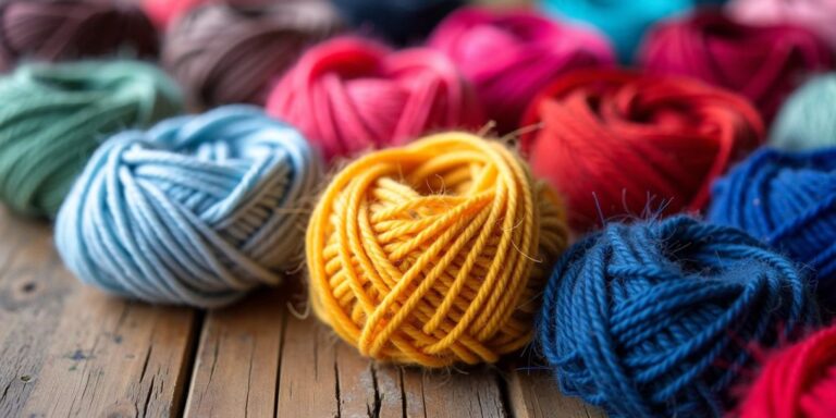 Colorful yarn scraps on a wooden table.