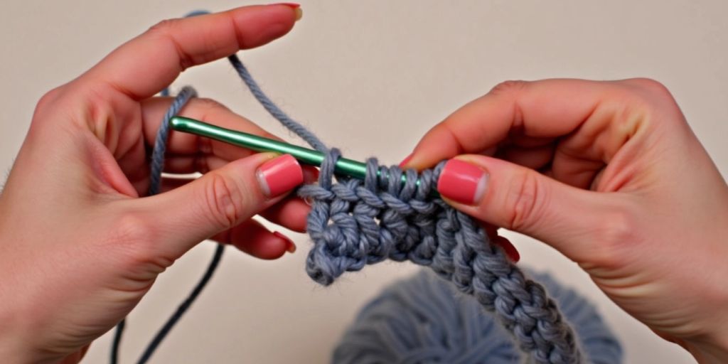Hands tying a crochet end knot with yarn
