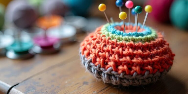 Colorful crochet pin cushion with pins