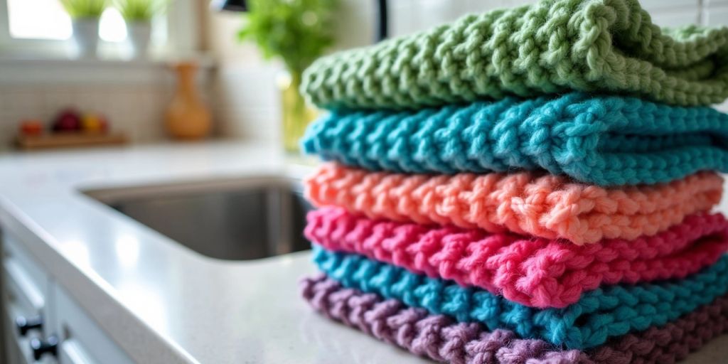 Colorful crochet scrubbies stacked on a kitchen countertop.