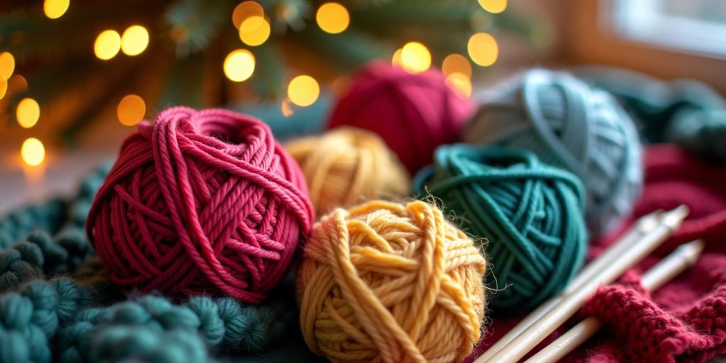 Colorful yarn balls with festive holiday background