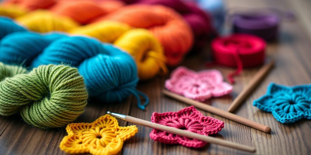 Colorful crochet yarns and hooks on a table.