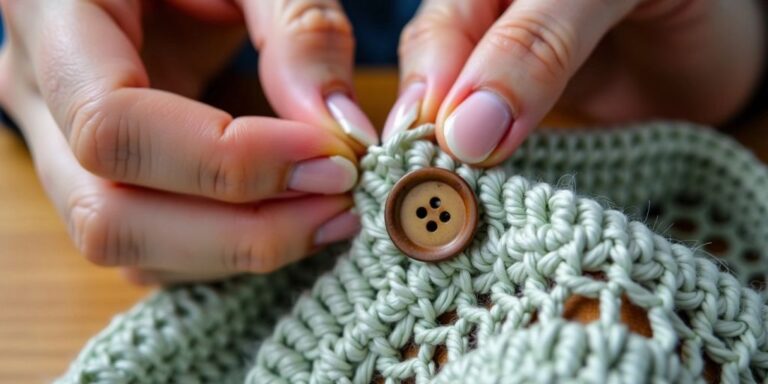 Hands sewing button onto crochet fabric