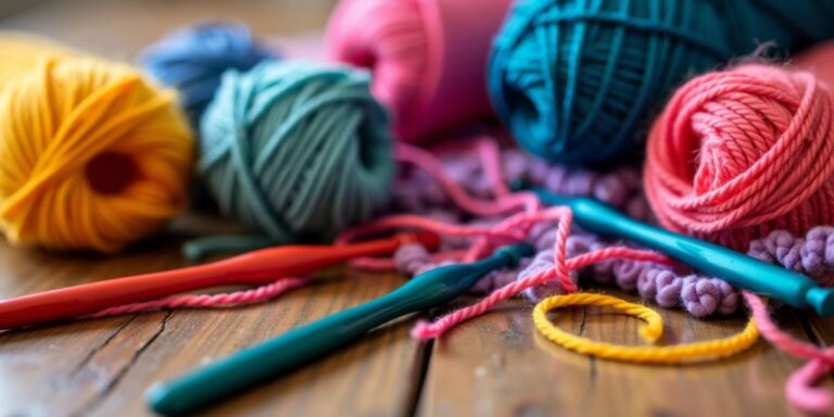Colorful acrylic yarn balls and crochet hooks.