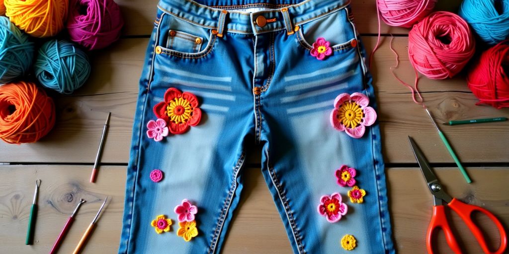Jeans with crochet patches and tools