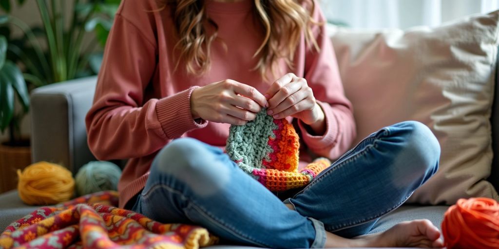 Person crocheting a colorful blanket in a cozy room.