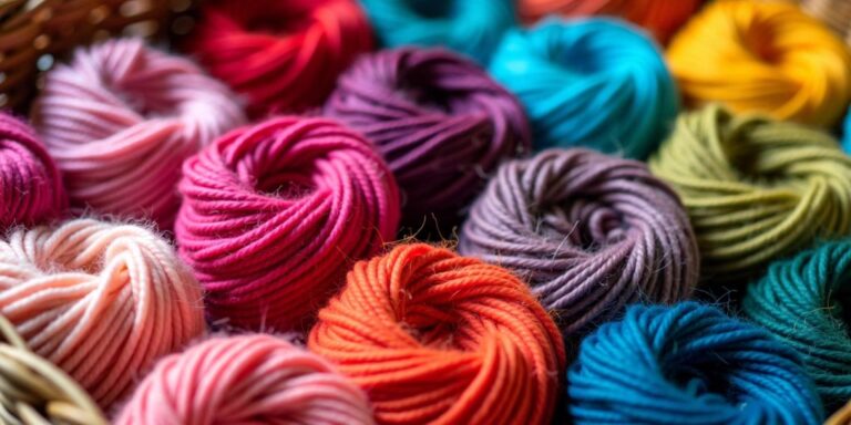 Colorful skeins of Red Heart yarn in a basket