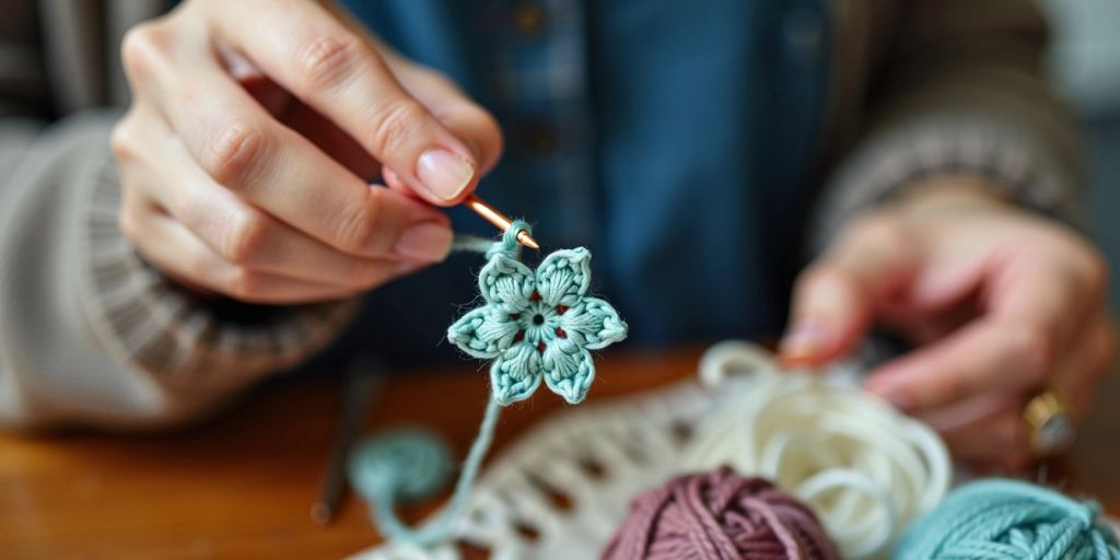 Person crocheting with tiny hook and yarn