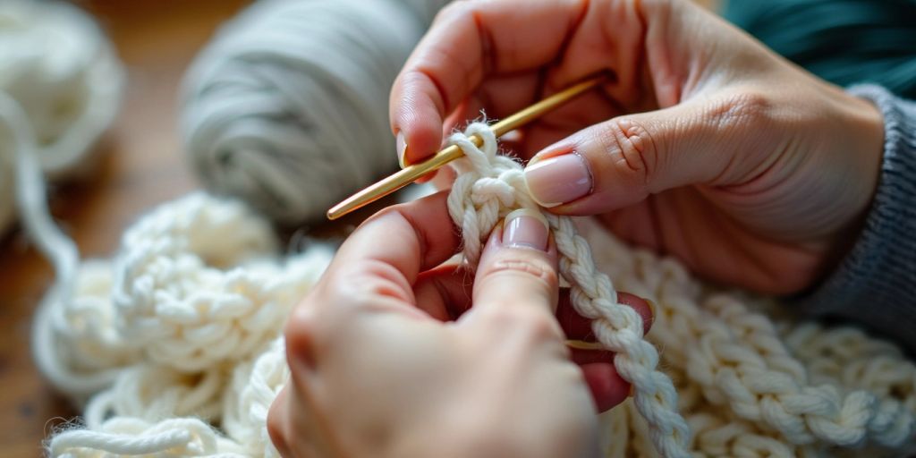 Hands crocheting with cotton yarn