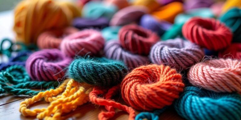 Colorful yarn scraps arranged on a wooden table.