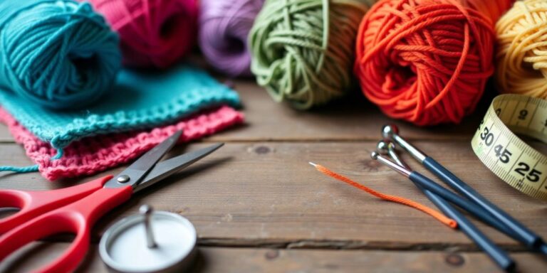 Essential crochet tools on a wooden table.