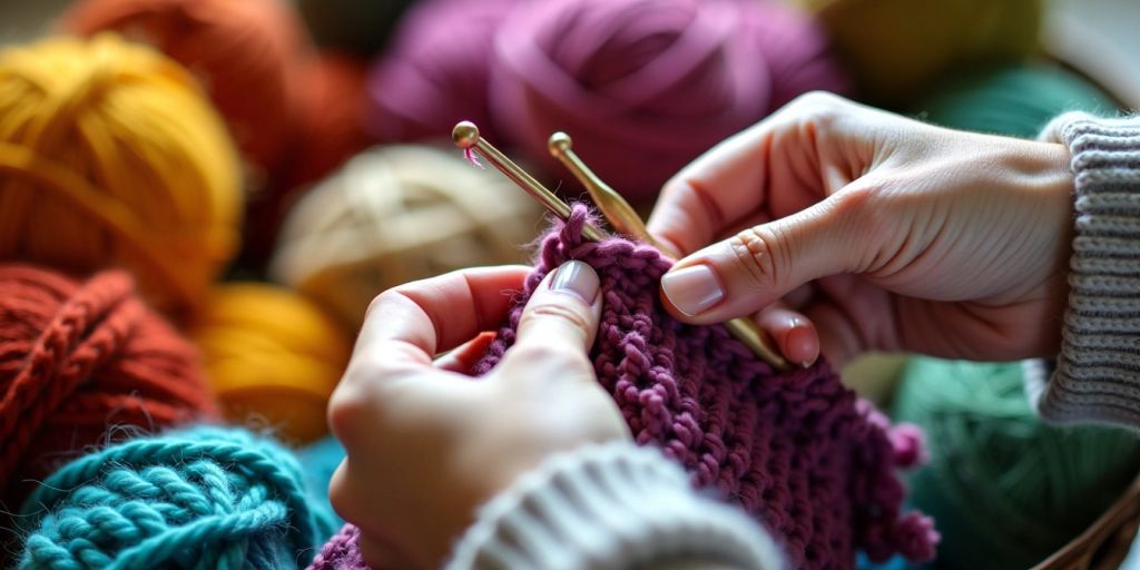 Hands crocheting with colorful yarns