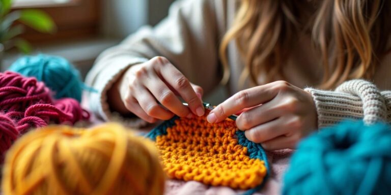 Person crocheting with colorful yarns and hooks