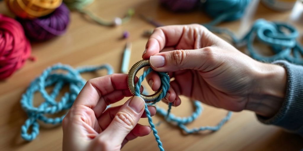 Hands wrapping yarn around a metal ring.