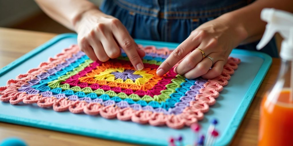 Blocking a crochet square with pins and spray bottle