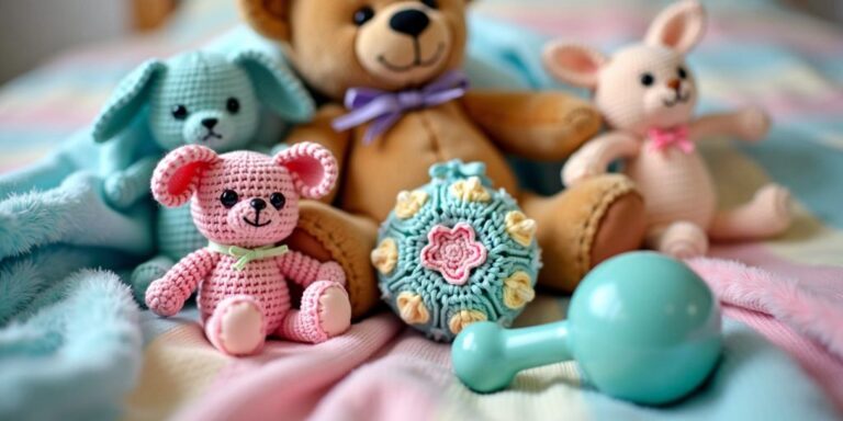 Colorful crochet baby toys on a pastel blanket.