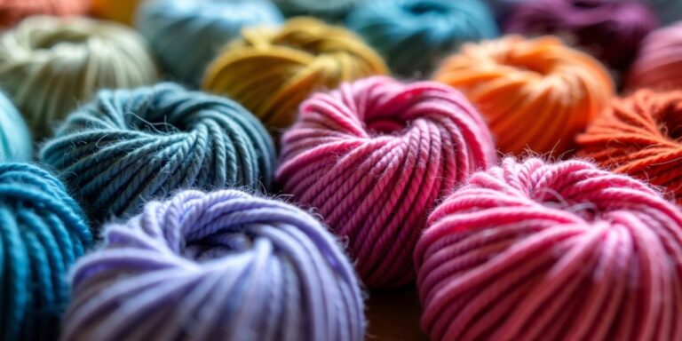 Colorful self-striping yarn balls in a row.