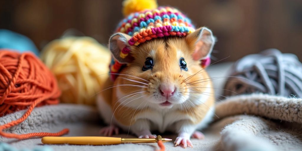 Hamster with crocheted hat on a blanket.