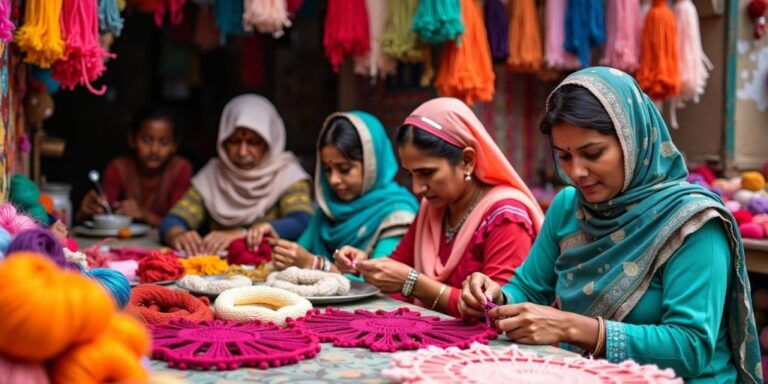 Indian market with artisans crocheting